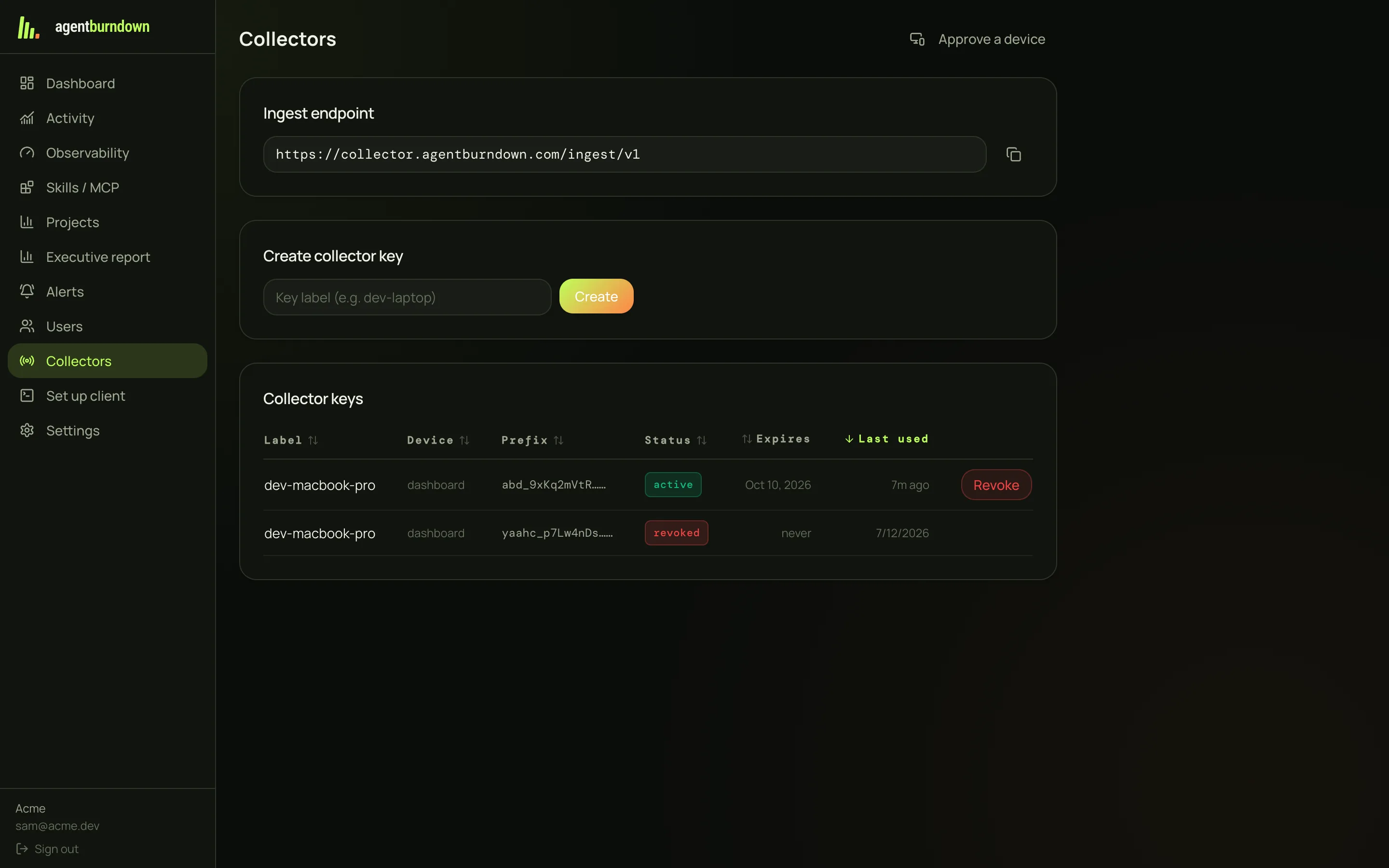Collectors page with ingest endpoint, collector key management, and per-device status and last-used times