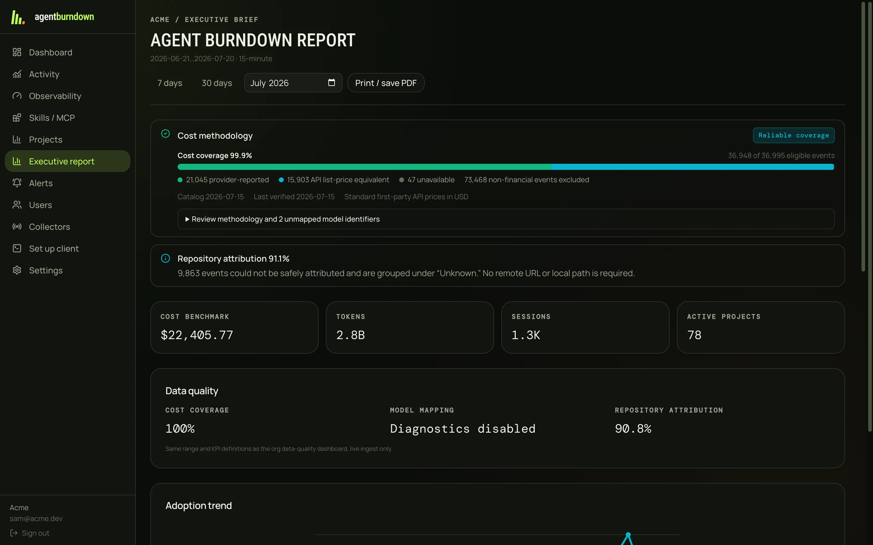 Executive report with cost coverage methodology, cost benchmark, tokens, sessions, active projects, and adoption trend